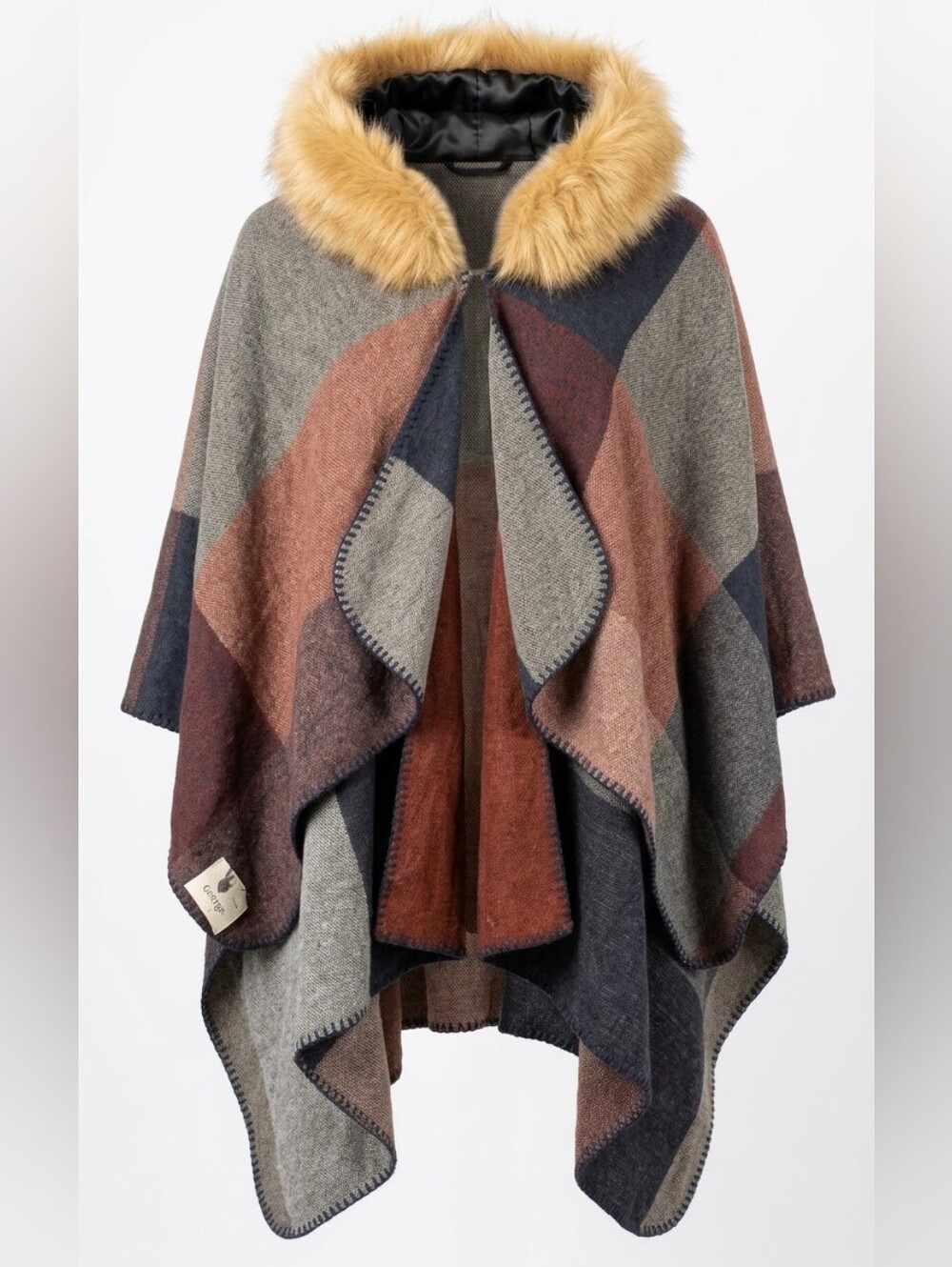 NWT Georges Boho Rustic Cabincore Faux Fur Trim Autumn Cape Plaid Poncho Wrap